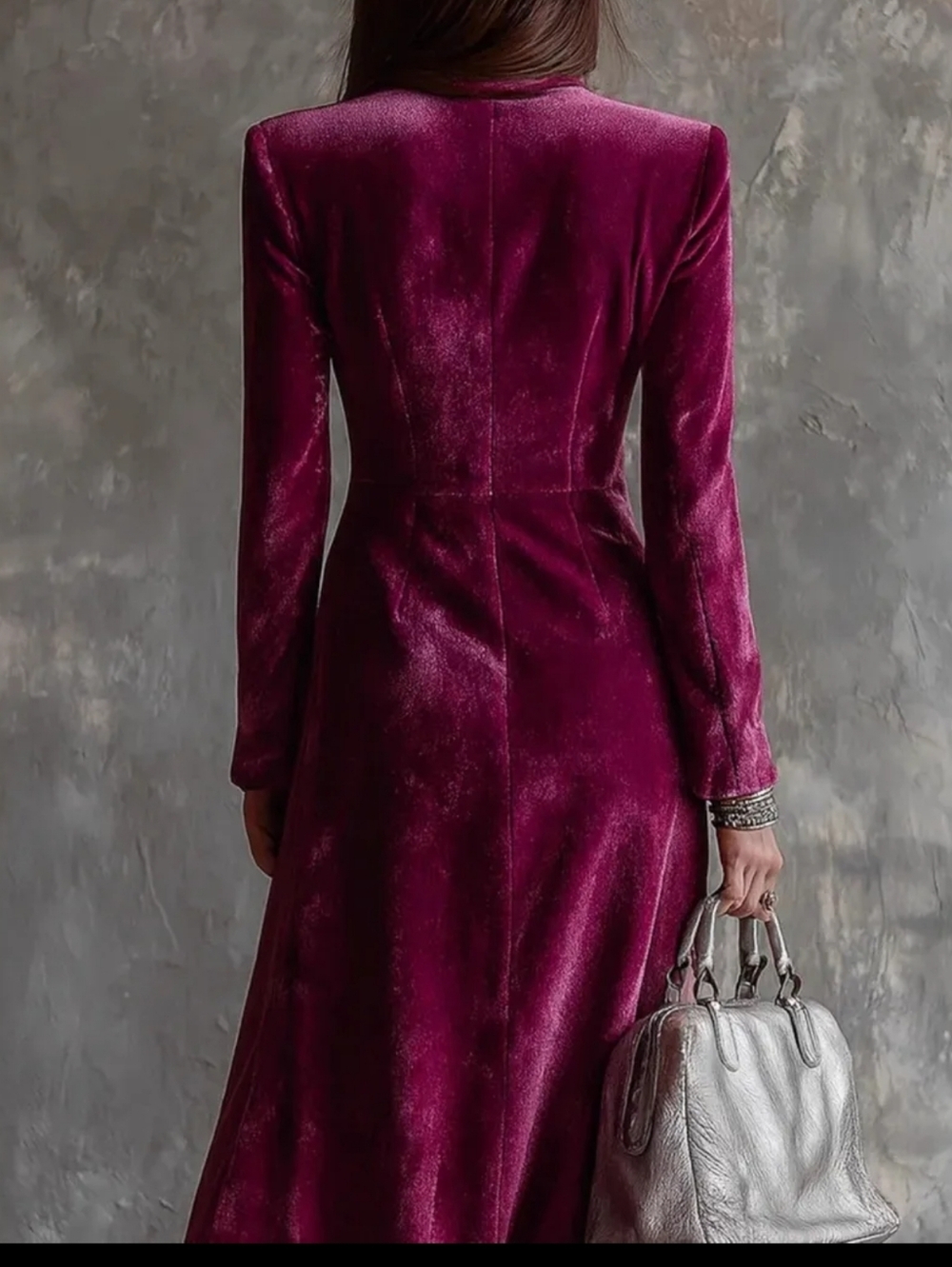 Women's Velvet Double-Breasted Midi Dress in Deep Magenta - Picture 3 of 3